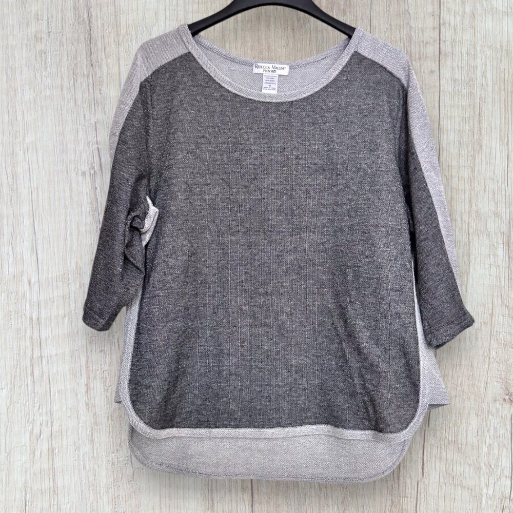 REBECCA MALONE Gray French Terry Knit Tunic 3/4 Sleeve Sweatshirt Sweater 1X